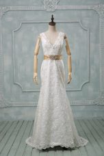 Fantastic White Sleeveless Lace Brush Train Backless Bridal Gown for Wedding Party