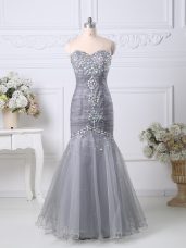 New Arrival Tulle Sleeveless Floor Length Prom Evening Gown and Beading and Ruching