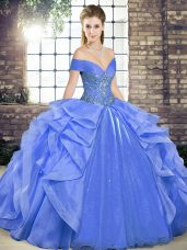 Elegant Blue Lace Up Sweet 16 Dress Beading and Ruffles Sleeveless Floor Length