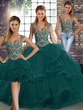 Romantic Peacock Green Straps Lace Up Beading and Ruffles Quinceanera Gown Sleeveless