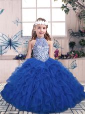 Blue Tulle Lace Up High-neck Sleeveless Floor Length Little Girls Pageant Dress Wholesale Beading and Ruffles