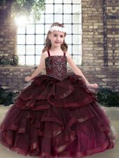 Stylish Sleeveless Tulle Floor Length Lace Up Child Pageant Dress in Burgundy with Beading and Ruffles