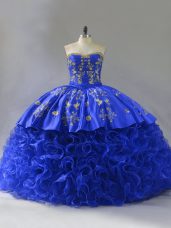 Spectacular Royal Blue Ball Gowns Embroidery and Ruffles Quince Ball Gowns Lace Up Fabric With Rolling Flowers Sleeveless Floor Length