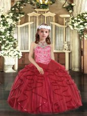 Perfect Floor Length Ball Gowns Sleeveless Red Little Girl Pageant Dress Lace Up
