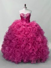 Fashionable Hot Pink Sweetheart Neckline Ruffles and Sequins Quinceanera Dress Sleeveless Lace Up