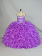 New Style Purple Ball Gowns Organza Sweetheart Sleeveless Beading and Ruffles Floor Length Lace Up Quinceanera Dress