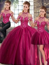 Fuchsia Three Pieces Tulle Halter Top Sleeveless Beading Lace Up Sweet 16 Dress Brush Train