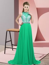 Glorious Turquoise Empire Beading Prom Gown Backless Chiffon Sleeveless