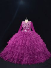 Suitable Floor Length Lace Up Sweet 16 Dress Purple for Sweet 16 and Quinceanera with Beading and Ruffled Layers