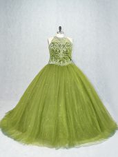Ball Gowns Sleeveless Olive Green Sweet 16 Dresses Brush Train Lace Up