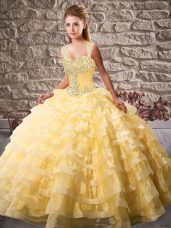 Delicate Organza Straps Sleeveless Court Train Lace Up Beading and Ruffled Layers Sweet 16 Dress in Gold
