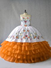 Orange Organza Lace Up Sweetheart Sleeveless Floor Length Sweet 16 Quinceanera Dress Embroidery and Ruffled Layers