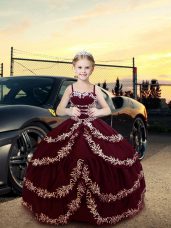 Discount Burgundy Ball Gowns Straps Sleeveless Satin Floor Length Lace Up Embroidery Child Pageant Dress