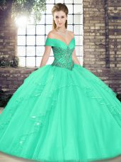 Deluxe Floor Length Apple Green Quince Ball Gowns Tulle Sleeveless Beading and Ruffles