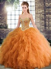 Custom Design Sleeveless Floor Length Beading and Ruffles Lace Up Quince Ball Gowns with Orange