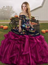 Designer Floor Length Lace Up Quinceanera Dress Fuchsia for Military Ball and Sweet 16 and Quinceanera with Embroidery and Ruffles