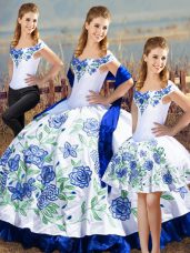 Satin Off The Shoulder Sleeveless Lace Up Embroidery and Ruffles Quinceanera Gowns in Blue And White