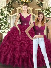 Sleeveless Organza Floor Length Backless Sweet 16 Dress in Burgundy with Beading and Ruffles