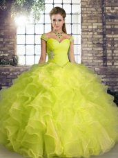 Custom Made Off The Shoulder Sleeveless Lace Up Sweet 16 Quinceanera Dress Yellow Green Organza
