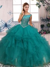 Turquoise Ball Gowns Scoop Sleeveless Organza Floor Length Zipper Beading and Ruffles Sweet 16 Dress