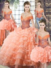 Peach Sleeveless Organza Brush Train Lace Up Quinceanera Gown for Military Ball and Sweet 16 and Quinceanera