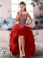 Red A-line Beading and Ruffles Celebrity Style Dress Zipper Organza Sleeveless High Low
