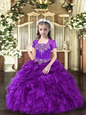 Affordable Straps Sleeveless Kids Formal Wear Floor Length Beading and Ruffles Purple Organza