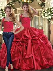 Fashionable Ball Gowns 15 Quinceanera Dress Red Halter Top Organza Sleeveless Floor Length Lace Up