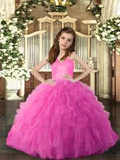 Trendy Hot Pink Straps Neckline Ruffles Girls Pageant Dresses Sleeveless Lace Up