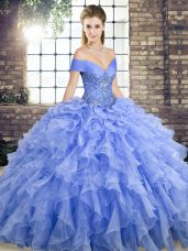 Best Selling Organza Sleeveless Quince Ball Gowns Brush Train and Beading and Ruffles