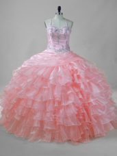 Exceptional Ball Gowns Vestidos de Quinceanera Pink Halter Top Organza Sleeveless Floor Length Lace Up
