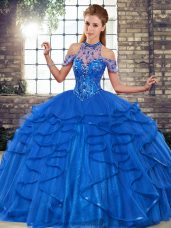 Halter Top Sleeveless Quinceanera Dress Floor Length Beading and Ruffles Royal Blue Tulle