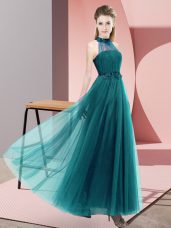 Beading and Appliques Bridesmaids Dress Teal Lace Up Sleeveless Floor Length