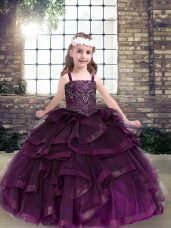 Sleeveless Tulle Floor Length Lace Up Child Pageant Dress in Eggplant Purple with Beading and Ruffles