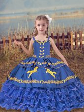 Blue Ball Gowns Beading and Embroidery and Ruffled Layers Pageant Dress Womens Lace Up Organza Sleeveless Floor Length