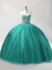 Turquoise Ball Gowns Beading Vestidos de Quinceanera Lace Up Tulle Sleeveless Floor Length