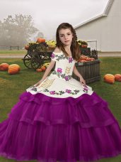 Tulle Straps Sleeveless Lace Up Embroidery and Ruffled Layers Pageant Gowns in Purple