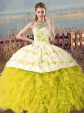 On Sale Yellow Green and Yellow Organza Lace Up Halter Top Sleeveless Sweet 16 Dresses Court Train Embroidery and Ruffles
