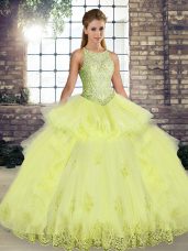 Comfortable Sleeveless Lace Up Floor Length Lace and Embroidery and Ruffles Sweet 16 Quinceanera Dress