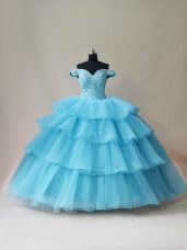 Flirting Aqua Blue Off The Shoulder Lace Up Beading and Ruffled Layers 15th Birthday Dress Sleeveless