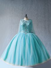 Admirable Aqua Blue Long Sleeves Floor Length Beading Lace Up Sweet 16 Quinceanera Dress