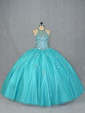 Custom Made Floor Length Ball Gowns Sleeveless Aqua Blue Quinceanera Gowns Lace Up