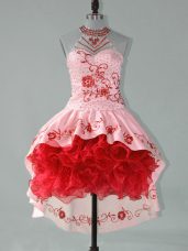 Super Ball Gowns Homecoming Dress Red and Pink Halter Top Satin and Organza Sleeveless High Low Lace Up