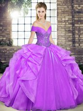 Luxury Lavender Sleeveless Floor Length Beading and Ruffles Lace Up 15th Birthday Dress