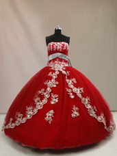 Sleeveless Tulle Floor Length Lace Up Quince Ball Gowns in Red with Appliques