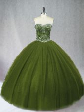 Glittering Olive Green Ball Gowns Tulle Sweetheart Sleeveless Beading Floor Length Lace Up Quinceanera Gowns
