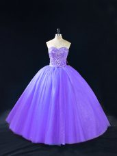 Beautiful Lavender Tulle Lace Up Sweetheart Sleeveless Floor Length Sweet 16 Dresses Beading