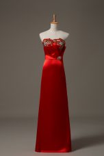Red Empire Satin Sweetheart Sleeveless Beading and Appliques Floor Length Lace Up Prom Dresses