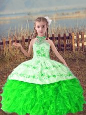 Floor Length Lace Up Little Girls Pageant Gowns Green for Wedding Party with Beading and Embroidery and Ruffles