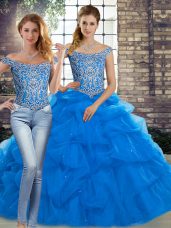 Elegant Brush Train Two Pieces Sweet 16 Dresses Blue Off The Shoulder Tulle Sleeveless Lace Up